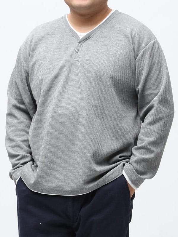 大きいサイズ メンズ PLEGGI (プレッジ) 横ヘリンボーン フェイクレイヤード ヘンリーネック 長袖 Tシャツ ロンT