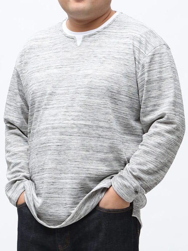 大きいサイズ メンズ PLEGGI (プレッジ) 段染め 杢調 フェイクレイヤード キーネック 長袖 Tシャツ ロンT
