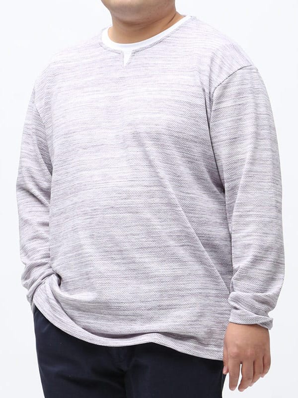 大きいサイズ メンズ PLEGGI (プレッジ) 段染め 杢調 フェイクレイヤード キーネック 長袖 Tシャツ ロンT