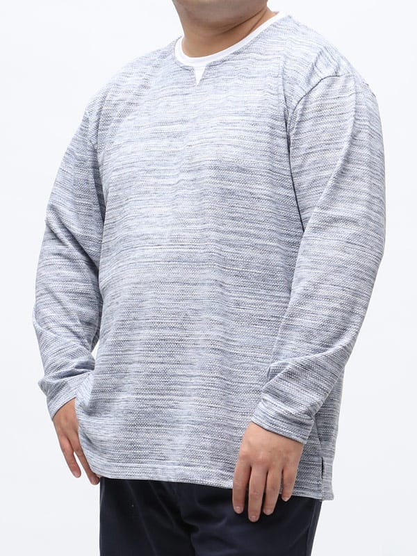 大きいサイズ メンズ PLEGGI (プレッジ) 段染め 杢調 フェイクレイヤード キーネック 長袖 Tシャツ ロンT