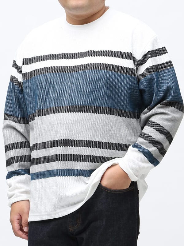 大きいサイズ メンズ PLEGGI (プレッジ) ポップコーン パネルボーダー クルーネック 長袖 Tシャツ ロンT
