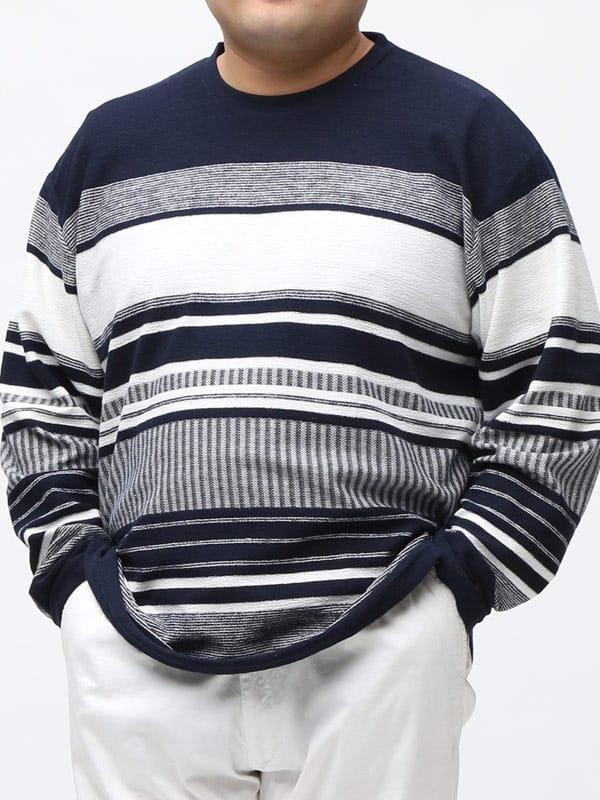 大きいサイズ メンズ PLEGGI (プレッジ) パイル パネルボーダー クルーネック 長袖 Tシャツ ロンT