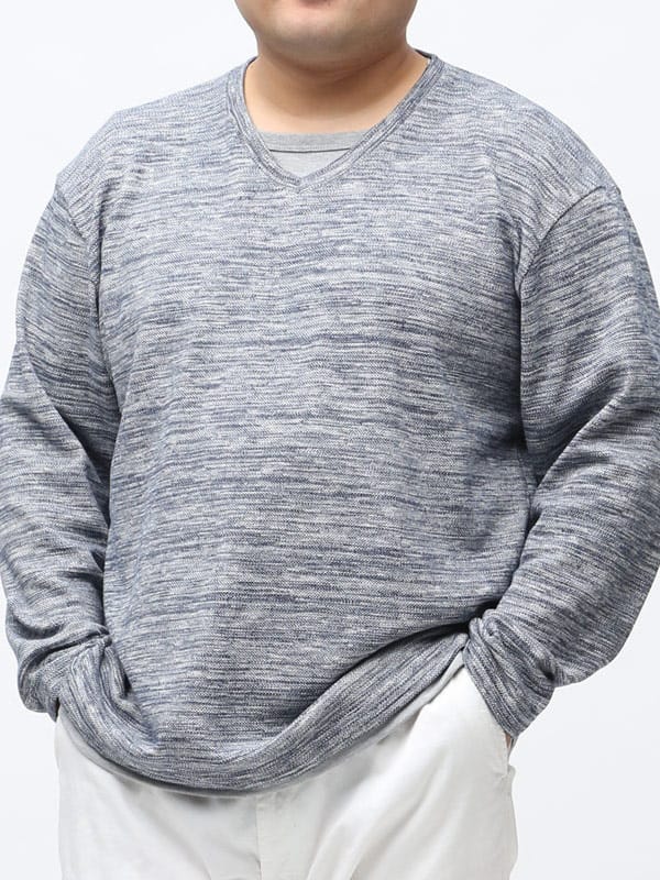 大きいサイズ メンズ PLEGGI (プレッジ) 鹿の子 フェイクレイヤード Vネック 長袖 Tシャツ ロンT