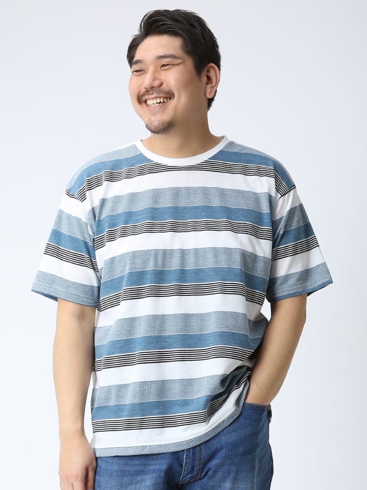 大きいサイズ メンズ PLEGGI (プレッジ) スペックボーダー クルーネック 半袖 Tシャツ