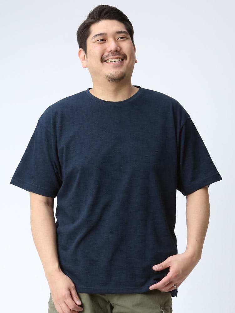 在庫処分 返品交換不可 大きいサイズ メンズ PLEGGI (プレッジ) ポップコーン市松 ジャガード クルーネック 半袖 Tシャツ