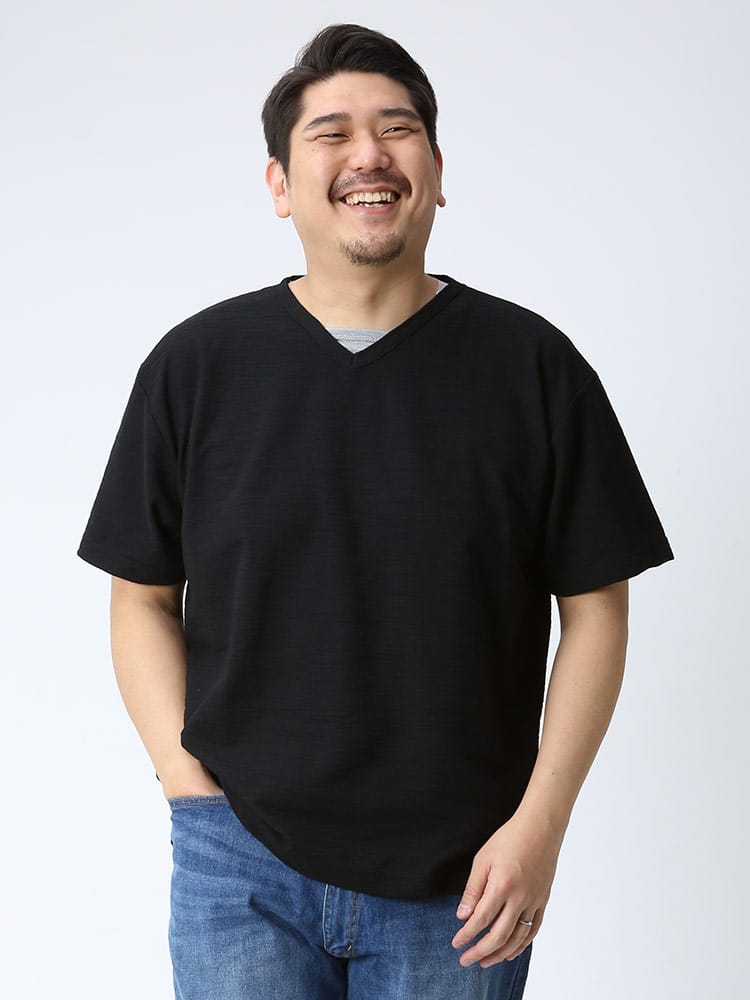 在庫処分 返品交換不可 大きいサイズ メンズ PLEGGI (プレッジ) ジャガード フェイクレイヤード Vネック 半袖 Tシャツ