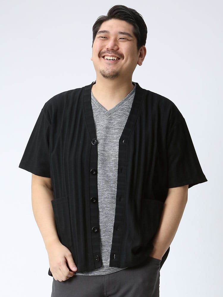 大きいサイズ メンズ PLEGGI (プレッジ) 鹿の子 ストライプ 半袖 カーディガン