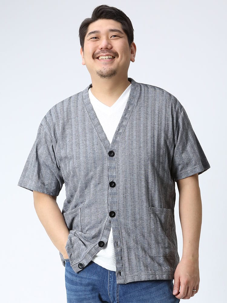 大きいサイズ メンズ PLEGGI (プレッジ) 鹿の子 ストライプ 半袖 カーディガン