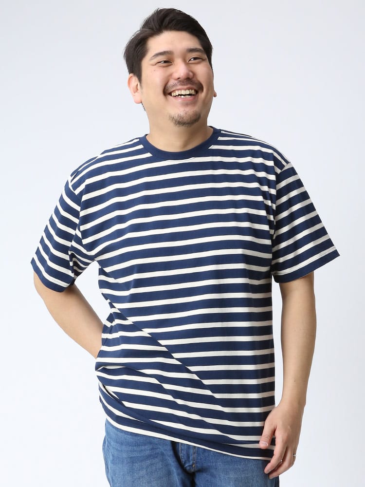 在庫処分 返品交換不可 大きいサイズ メンズ B＆T CLUB 天竺 先染めボーダー クルーネック 半袖 Tシャツ