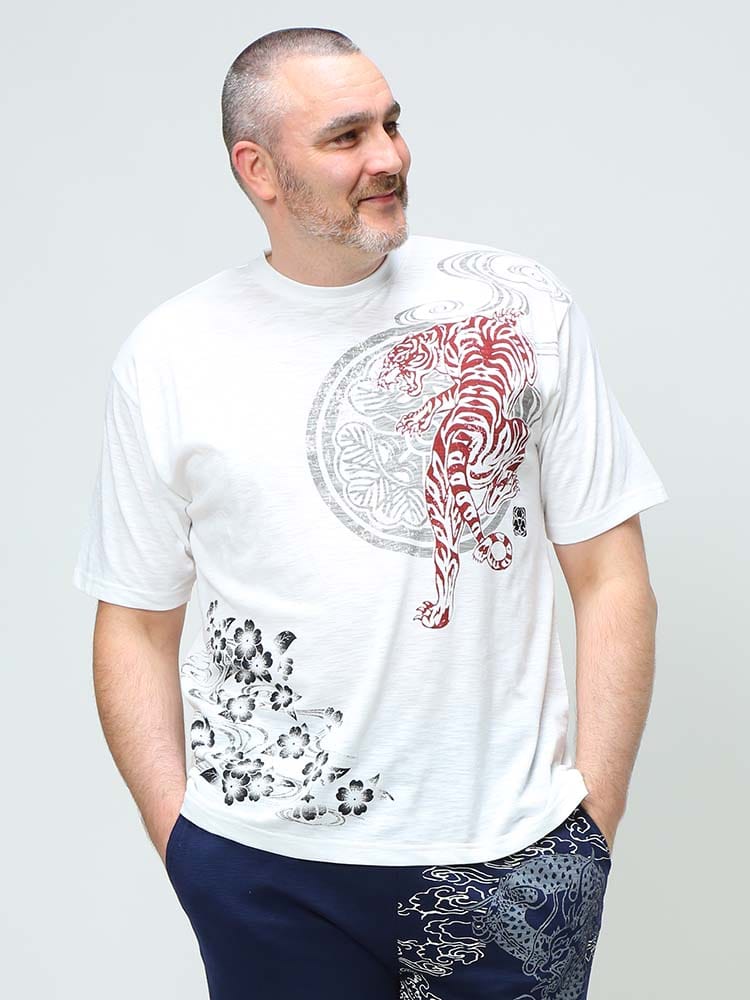 大きいサイズ メンズ A-Slash (スラッシュ) 虎 刺繍×プリント クルーネック 半袖 Tシャツ