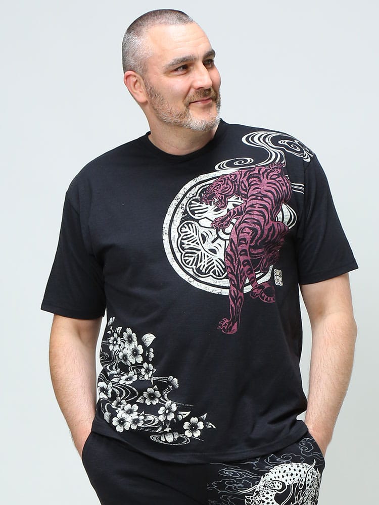 大きいサイズ メンズ A-Slash (スラッシュ) 虎 刺繍×プリント クルーネック 半袖 Tシャツ