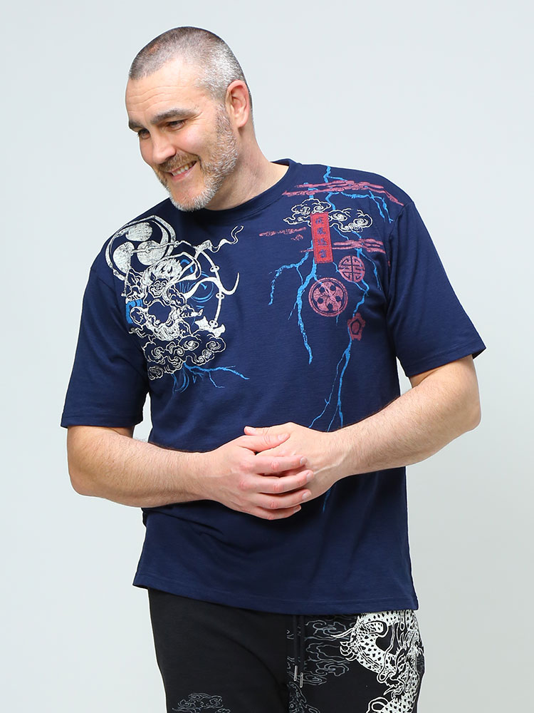 大きいサイズ メンズ A-Slash (スラッシュ) 風神雷神 刺繍×プリント クルーネック 半袖 Tシャツ