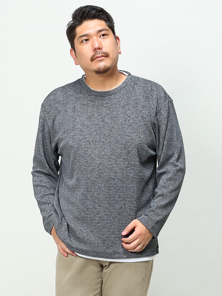 大きいサイズ メンズ PLEGGI (プレッジ) 杢畦 フェイクレイヤード ニット プルオーバー