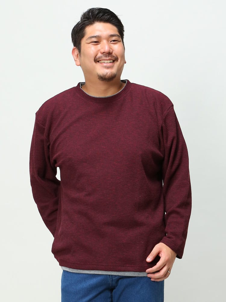大きいサイズ メンズ PLEGGI (プレッジ) 杢畦 フェイクレイヤード ニット プルオーバー