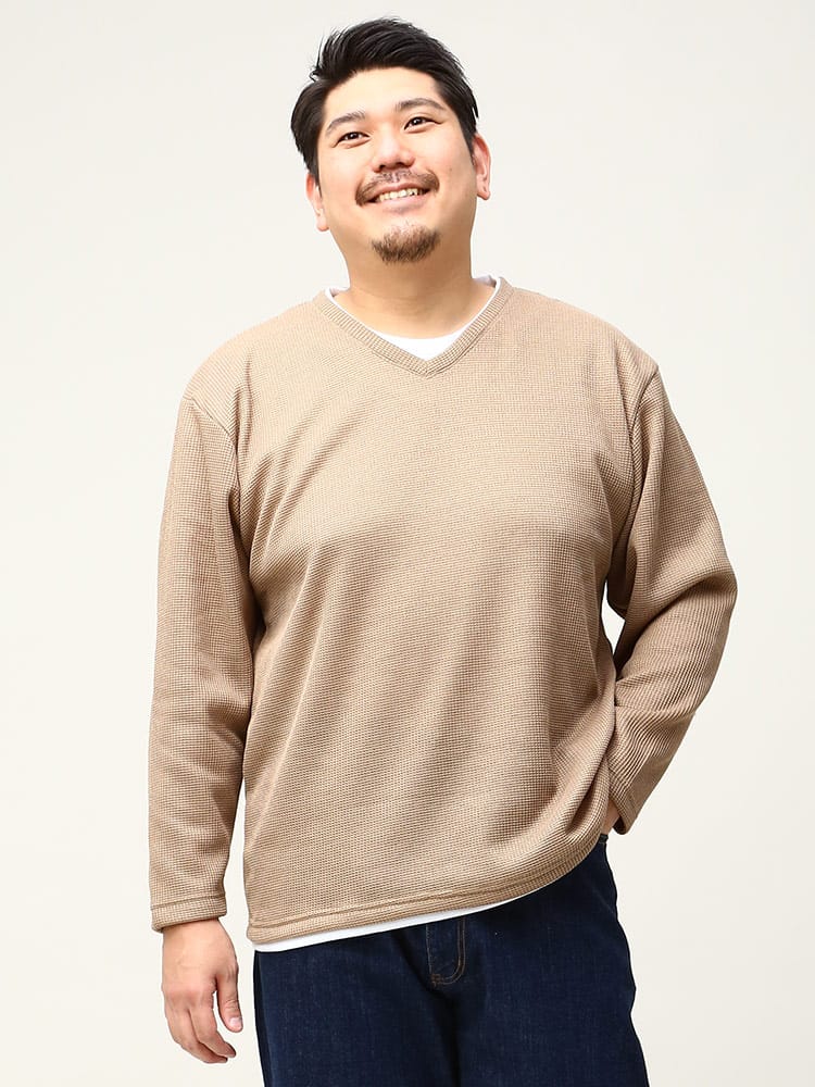 大きいサイズ メンズ PLEGGI (プレッジ) 裏起毛 ワッフル フェイクレイヤード 長袖 カットソー