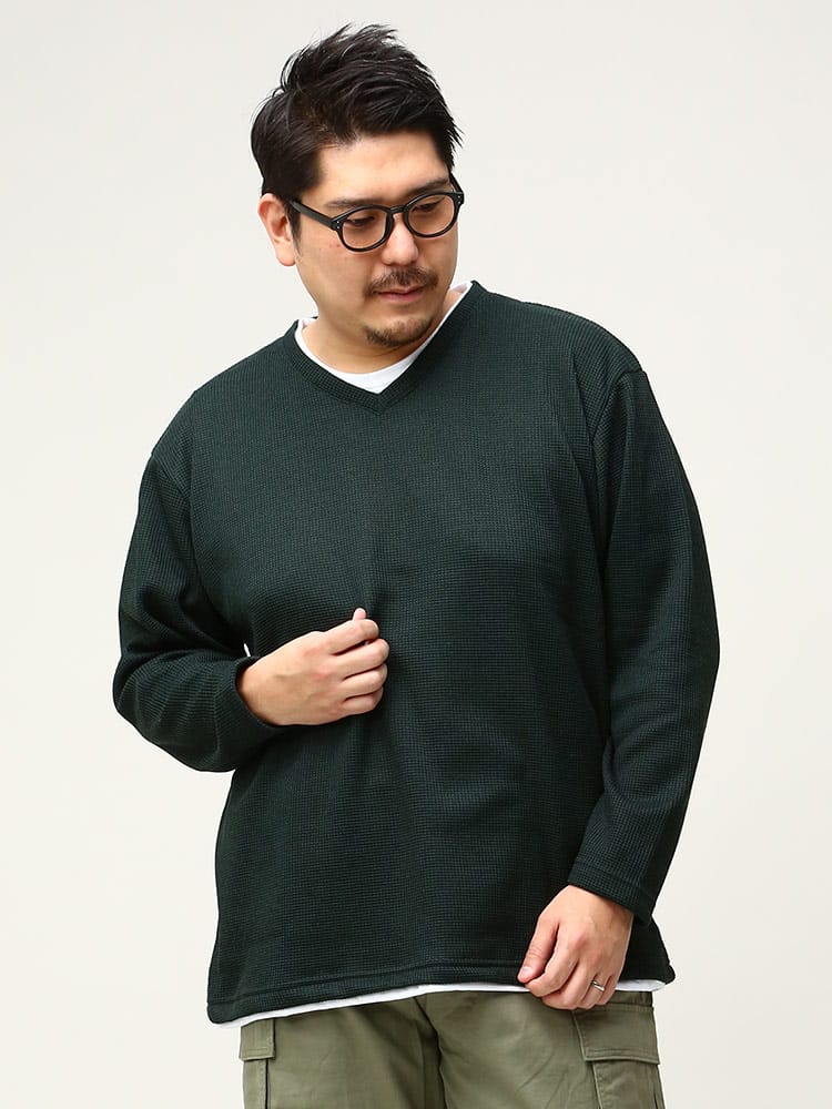 大きいサイズ メンズ PLEGGI (プレッジ) 裏起毛 ワッフル フェイクレイヤード 長袖 カットソー