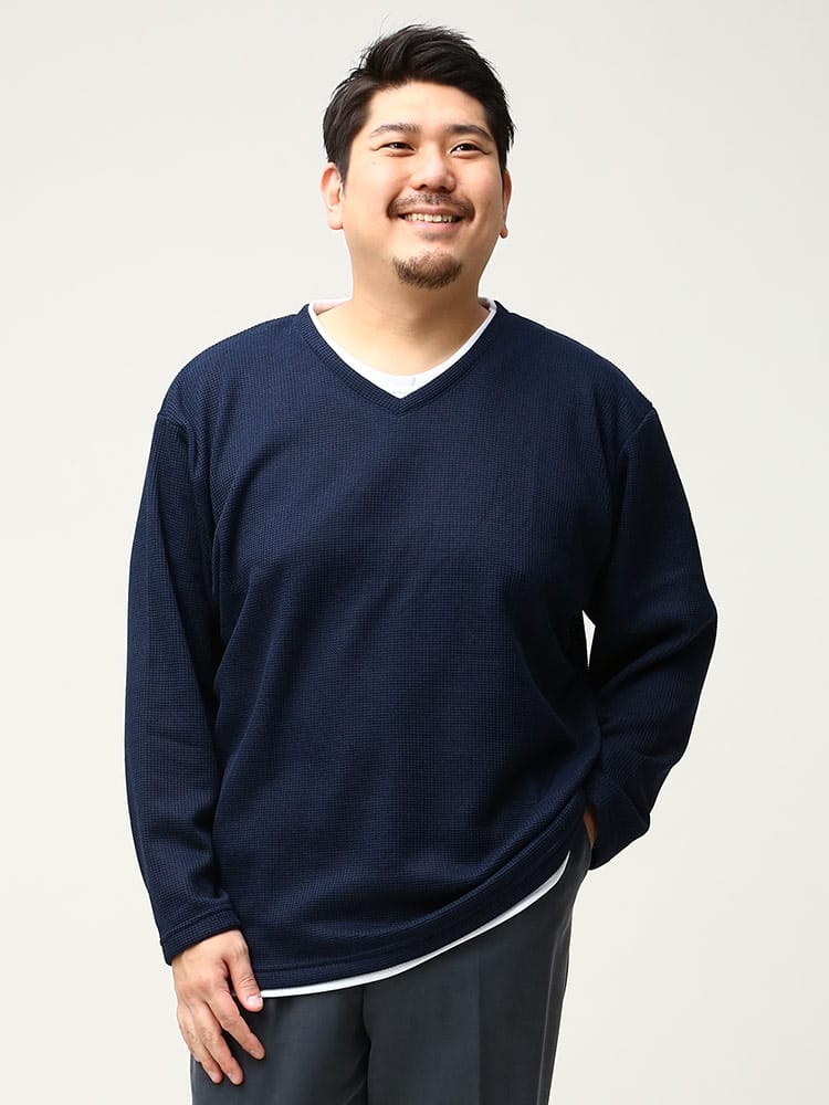 大きいサイズ メンズ PLEGGI (プレッジ) 裏起毛 ワッフル フェイクレイヤード 長袖 カットソー
