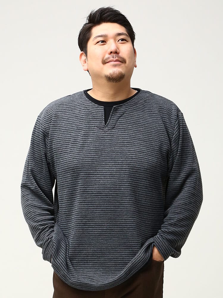 大きいサイズ メンズ PLEGGI (プレッジ) 裏起毛 ボーダー フェイクレイヤード キーネック ニットソー