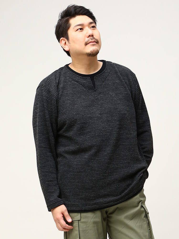 大きいサイズ メンズ PLEGGI (プレッジ) 裏起毛 ボーダー フェイクレイヤード キーネック ニットソー