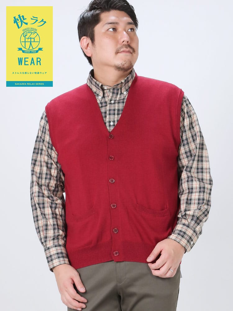 快ラクWEAR ウォッシャブル カシミヤ混 無地 ボタン ベスト 快楽 カイラク (B＆T CLUB) ビーアンドティークラブ 大きいサイズ メンズ