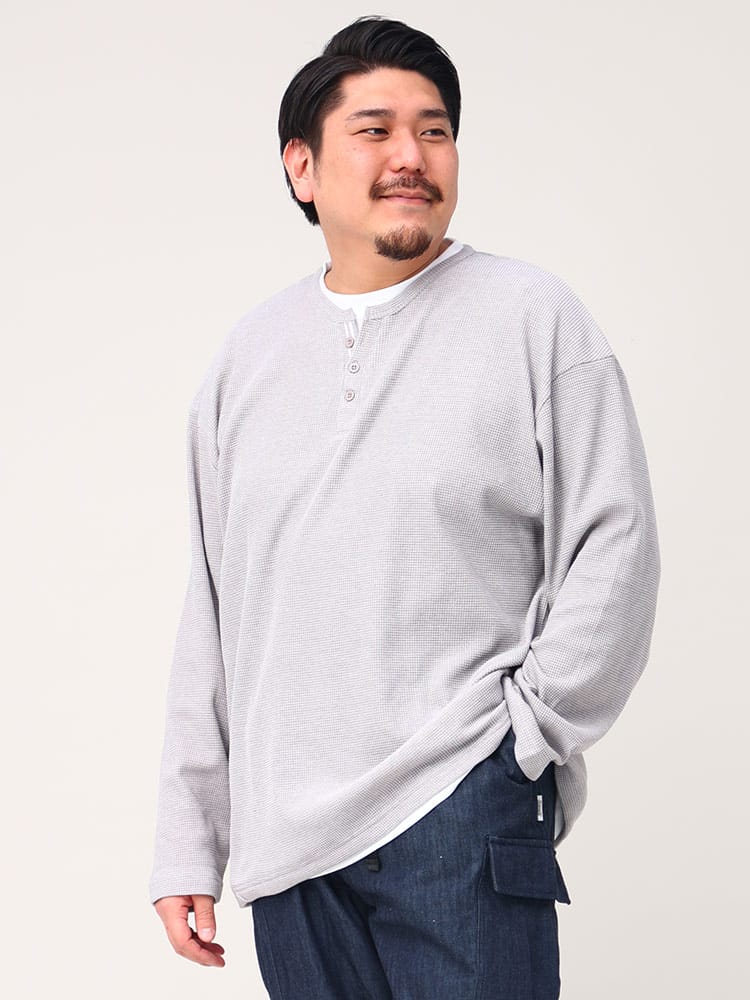 大きいサイズ メンズ PLEGGI (プレッジ) 杢ワッフル フェイクレイヤード ヘンリーネック 長袖 Tシャツ