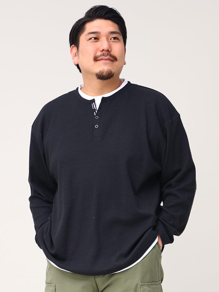 大きいサイズ メンズ PLEGGI (プレッジ) 杢ワッフル フェイクレイヤード ヘンリーネック 長袖 Tシャツ