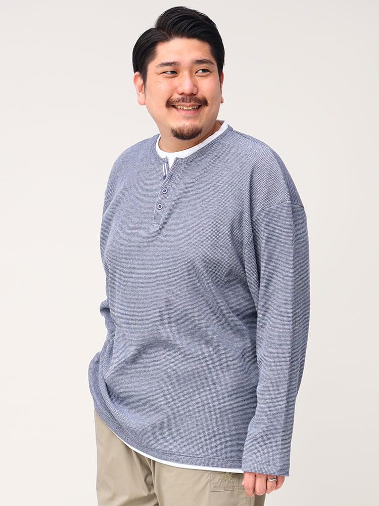 大きいサイズ メンズ PLEGGI (プレッジ) 杢ワッフル フェイクレイヤード ヘンリーネック 長袖 Tシャツ