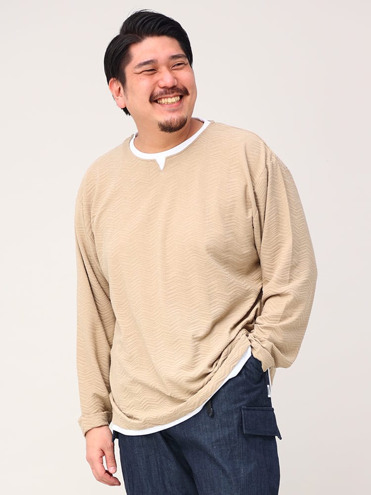 大きいサイズ メンズ PLEGGI (プレッジ) フェイクレイヤード キーネック 長袖 Tシャツ