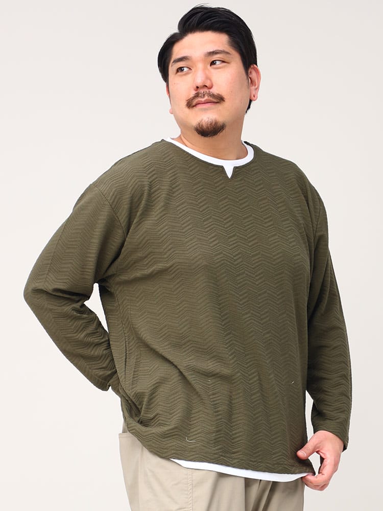 大きいサイズ メンズ PLEGGI (プレッジ) フェイクレイヤード キーネック 長袖 Tシャツ