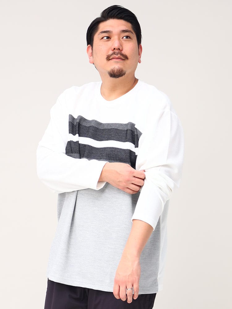 大きいサイズ メンズ PLEGGI (プレッジ) パネル切り替え クルーネック 長袖 Tシャツ