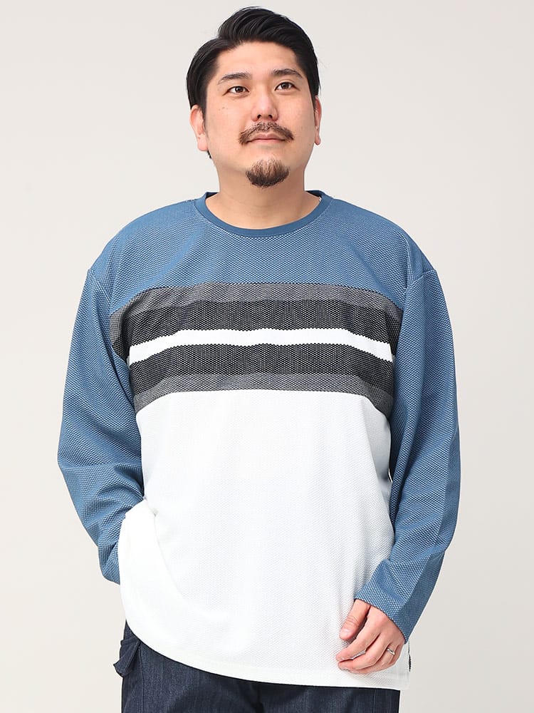 大きいサイズ メンズ PLEGGI (プレッジ) パネル切り替え クルーネック 長袖 Tシャツ