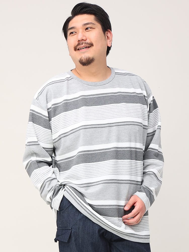 大きいサイズ メンズ PLEGGI (プレッジ) ポップコーン ボーダー クルーネック 長袖 Tシャツ