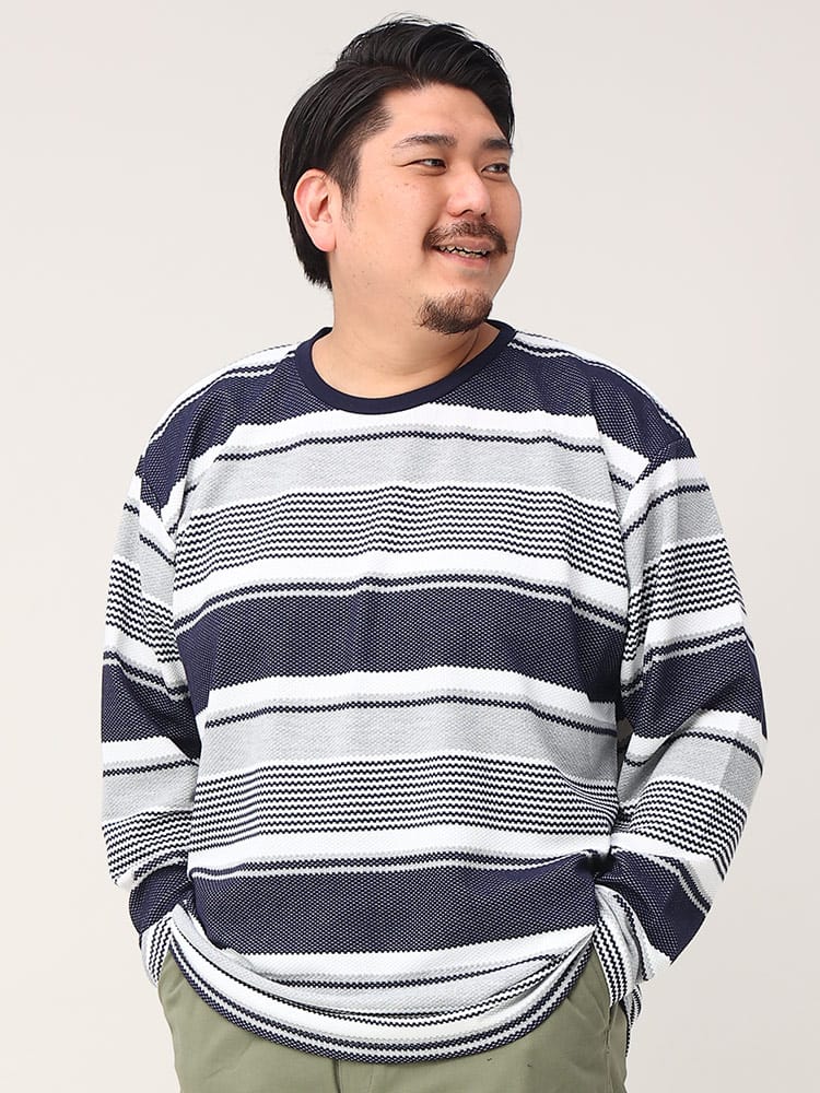 大きいサイズ メンズ PLEGGI (プレッジ) ポップコーン ボーダー クルーネック 長袖 Tシャツ