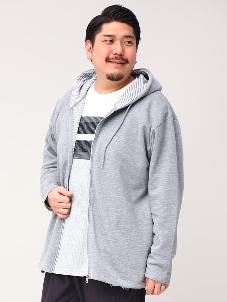 大きいサイズ メンズ PLEGGI (プレッジ) 裏ボーダー 鹿の子 フルジップ パーカー