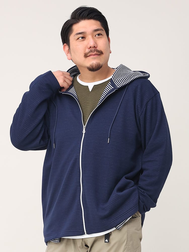 大きいサイズ メンズ PLEGGI (プレッジ) 裏ボーダー 鹿の子 フルジップ パーカー
