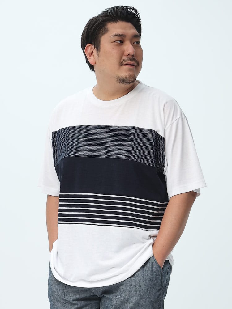 大きいサイズ メンズ PLEGGI (プレッジ) パネル切り替え クルーネック 半袖 Tシャツ