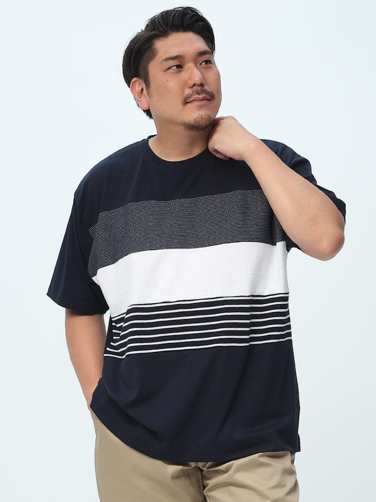 大きいサイズ メンズ PLEGGI (プレッジ) パネル切り替え クルーネック 半袖 Tシャツ