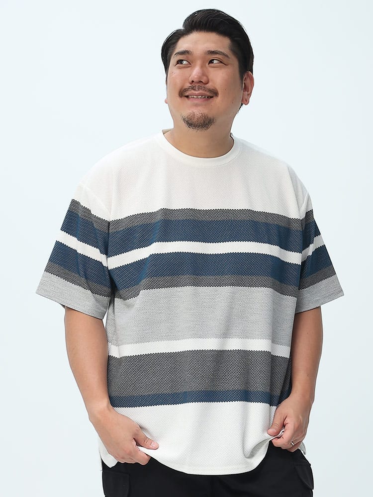 大きいサイズ メンズ PLEGGI (プレッジ) ランダムボーダー クルーネック 半袖 Tシャツ