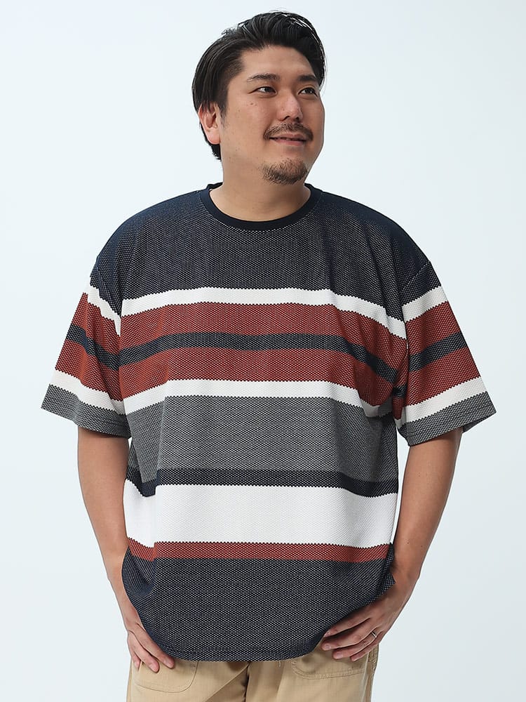 大きいサイズ メンズ PLEGGI (プレッジ) ランダムボーダー クルーネック 半袖 Tシャツ