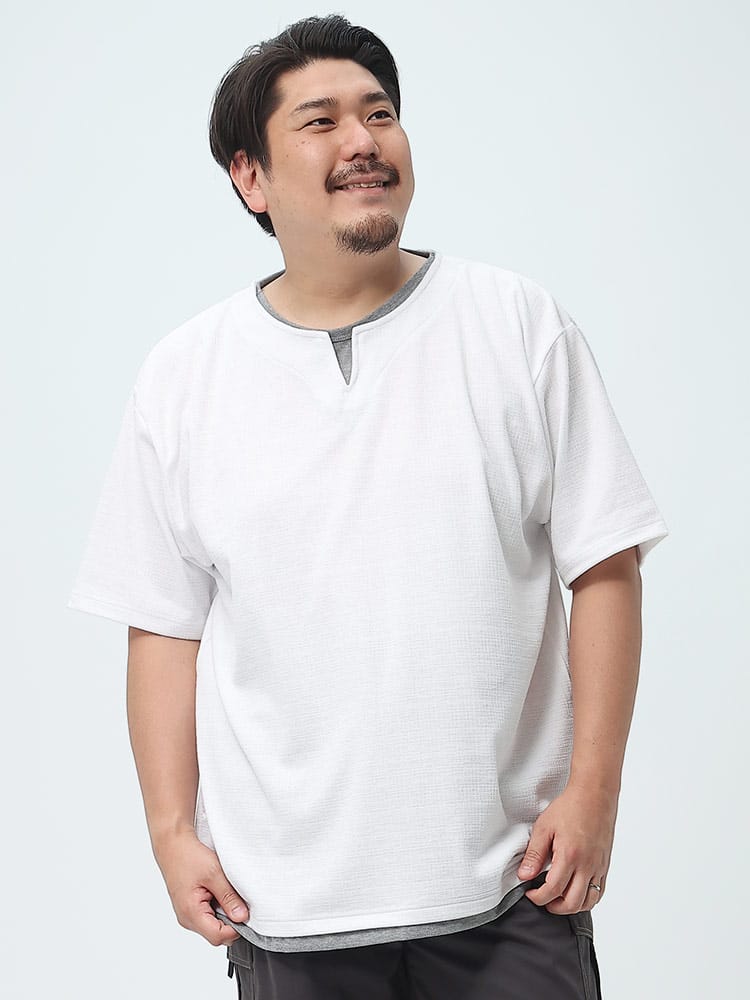 大きいサイズ メンズ PLEGGI (プレッジ) フェイクレイヤード キーネック 半袖 Tシャツ