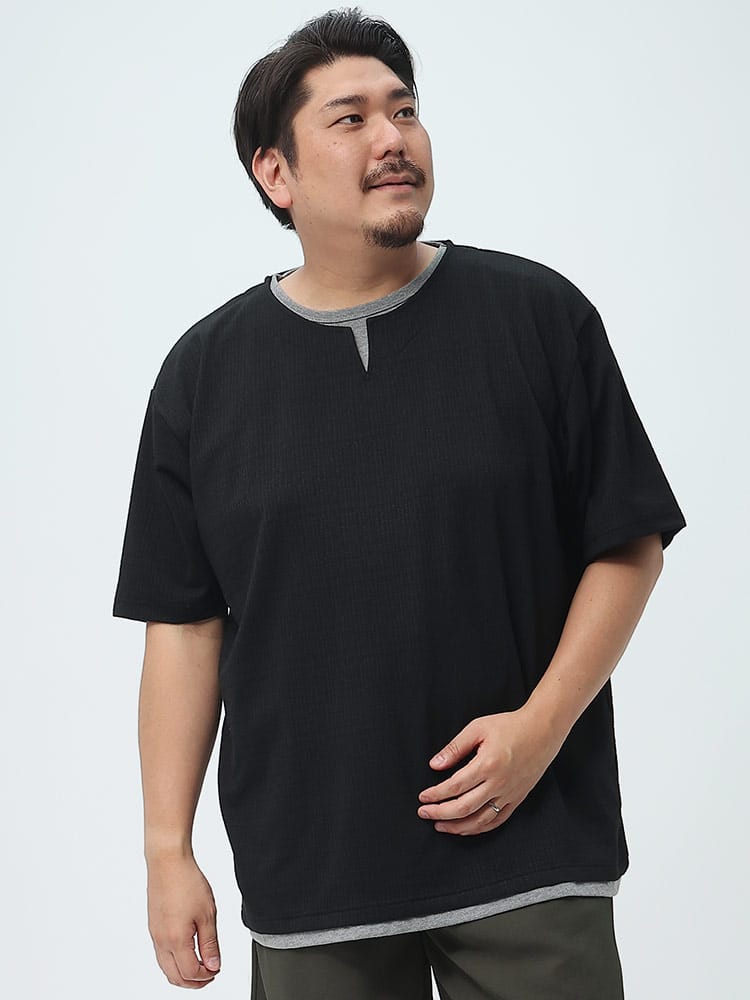 大きいサイズ メンズ PLEGGI (プレッジ) フェイクレイヤード キーネック 半袖 Tシャツ