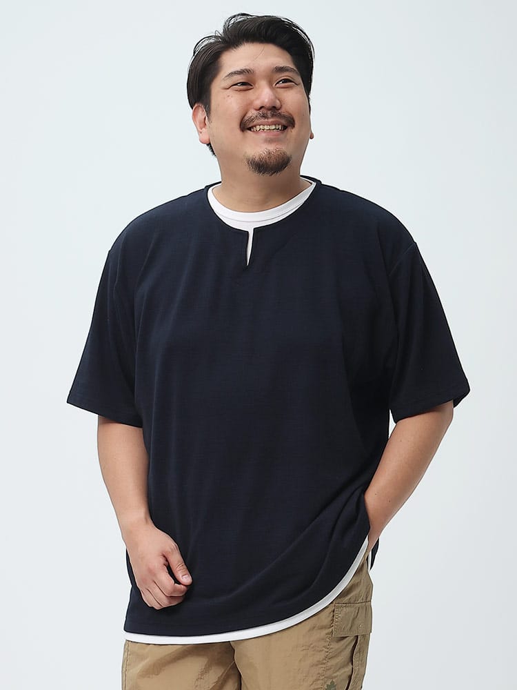 大きいサイズ メンズ PLEGGI (プレッジ) フェイクレイヤード キーネック 半袖 Tシャツ