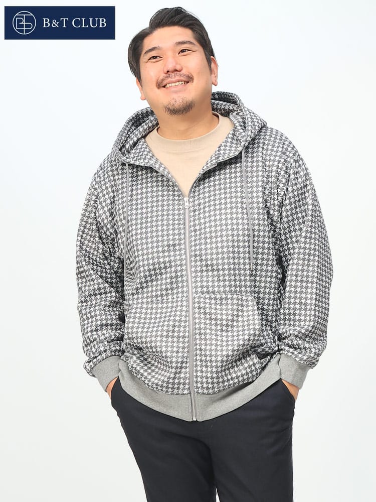 在庫処分 返品交換不可 総柄ジップパーカー ストレッチ ゆったり フーディー B＆T CLUB ビーアンドティークラブ 大きいサイズ メンズ