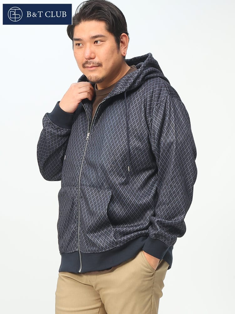 在庫処分 返品交換不可 総柄ジップパーカー ストレッチ ゆったり フーディー B＆T CLUB ビーアンドティークラブ 大きいサイズ メンズ