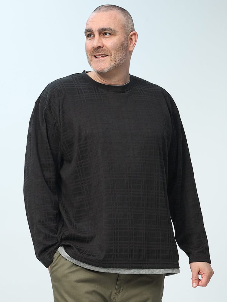 総柄チェック ジャガード フェイクレイヤード クルーネック 長袖 Tシャツ (PLEGGI) プレッジ 大きいサイズ メンズ ロンT トップス