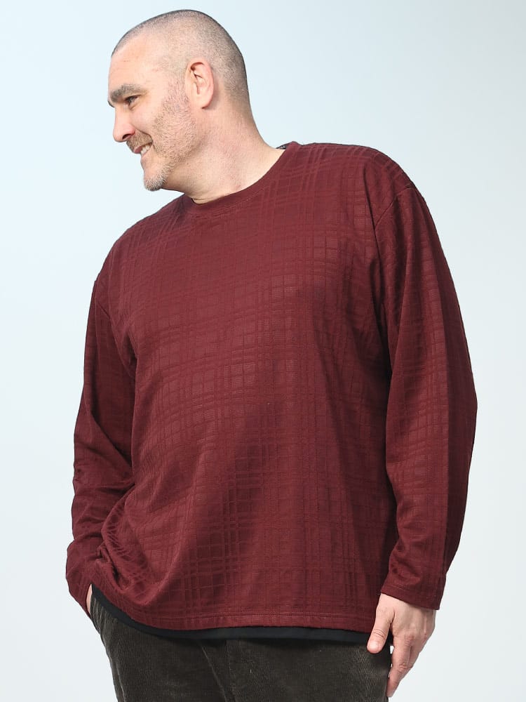 総柄チェック ジャガード フェイクレイヤード クルーネック 長袖 Tシャツ (PLEGGI) プレッジ 大きいサイズ メンズ ロンT トップス