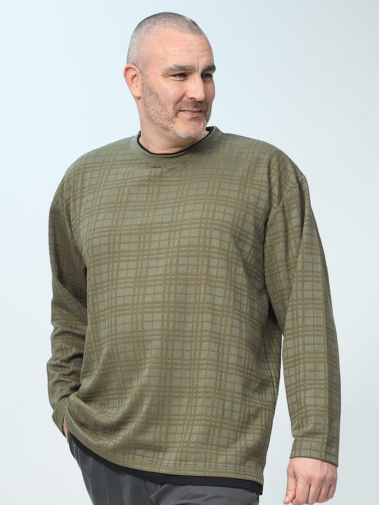 総柄チェック ジャガード フェイクレイヤード クルーネック 長袖 Tシャツ (PLEGGI) プレッジ 大きいサイズ メンズ ロンT トップス