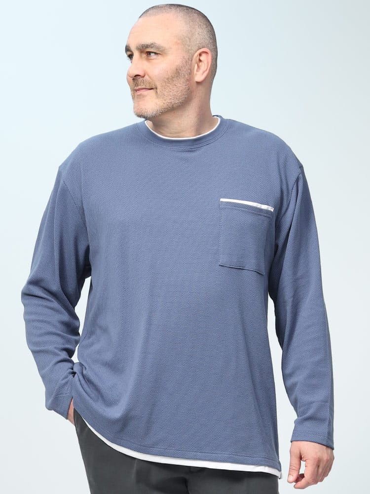 ポップコーン編み フェイクレイヤード ポケット付きクルーネック 長袖 Tシャツ (PLEGGI) プレッジ 大きいサイズ メンズ ロンT トップス