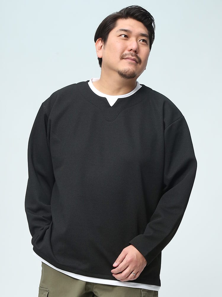 PLEGGI プレッジ ロンT フェイクレイヤード キーネック 長袖 Tシャツ パイナップル編み トップス 大きいサイズ メンズ