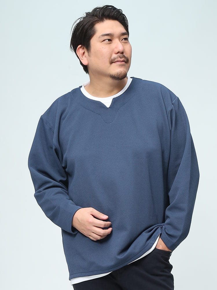 PLEGGI プレッジ ロンT フェイクレイヤード キーネック 長袖 Tシャツ パイナップル編み トップス 大きいサイズ メンズ